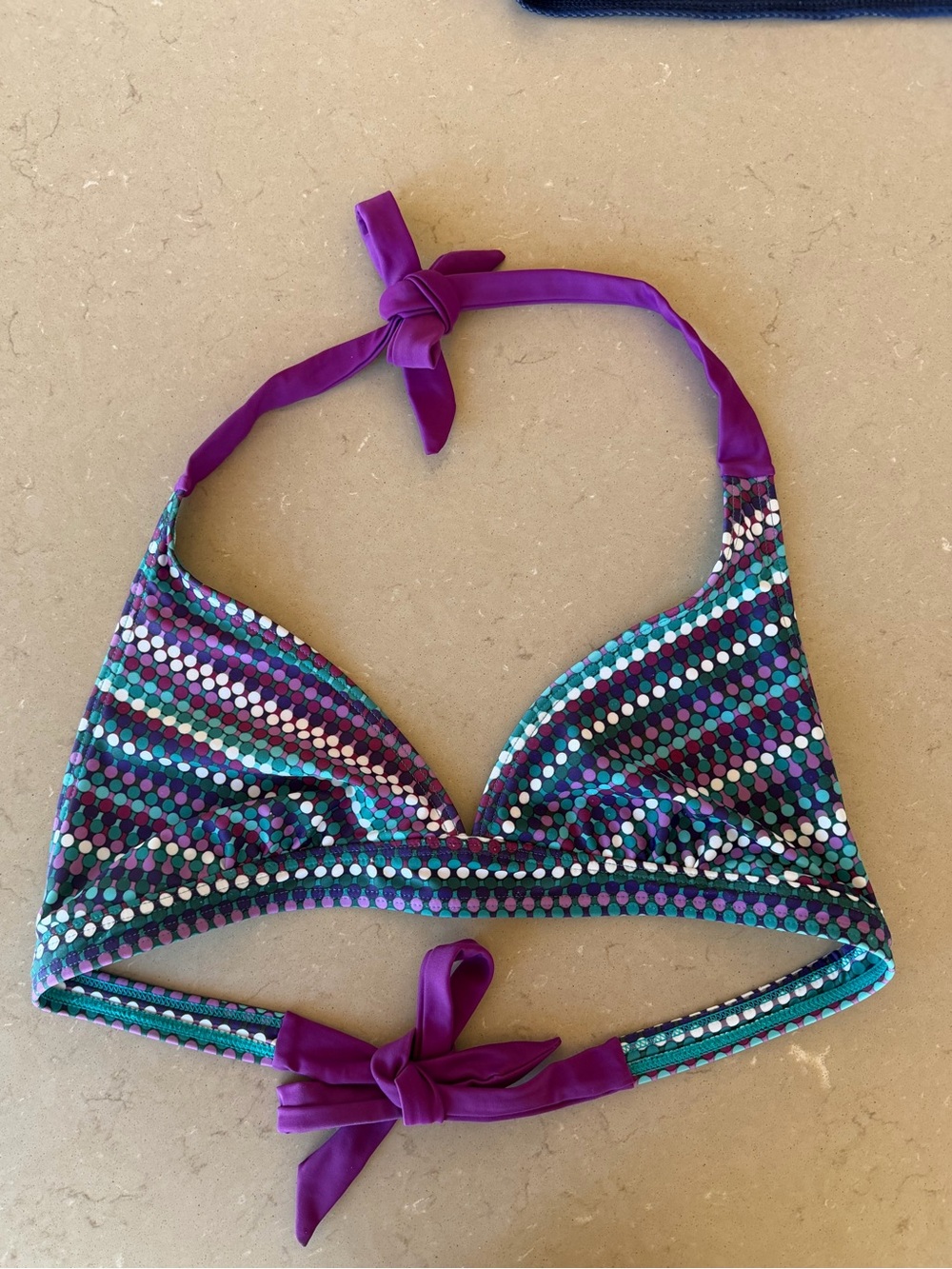 Prana Triangle Bikini Top XL Purple Teal Polka Dot Halter Tie Adjustable EUC